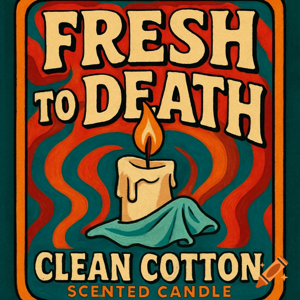 A retro-style candle label illustration with text "Fresh to Death Clean Cotton Scented Candle" and a burning candle.