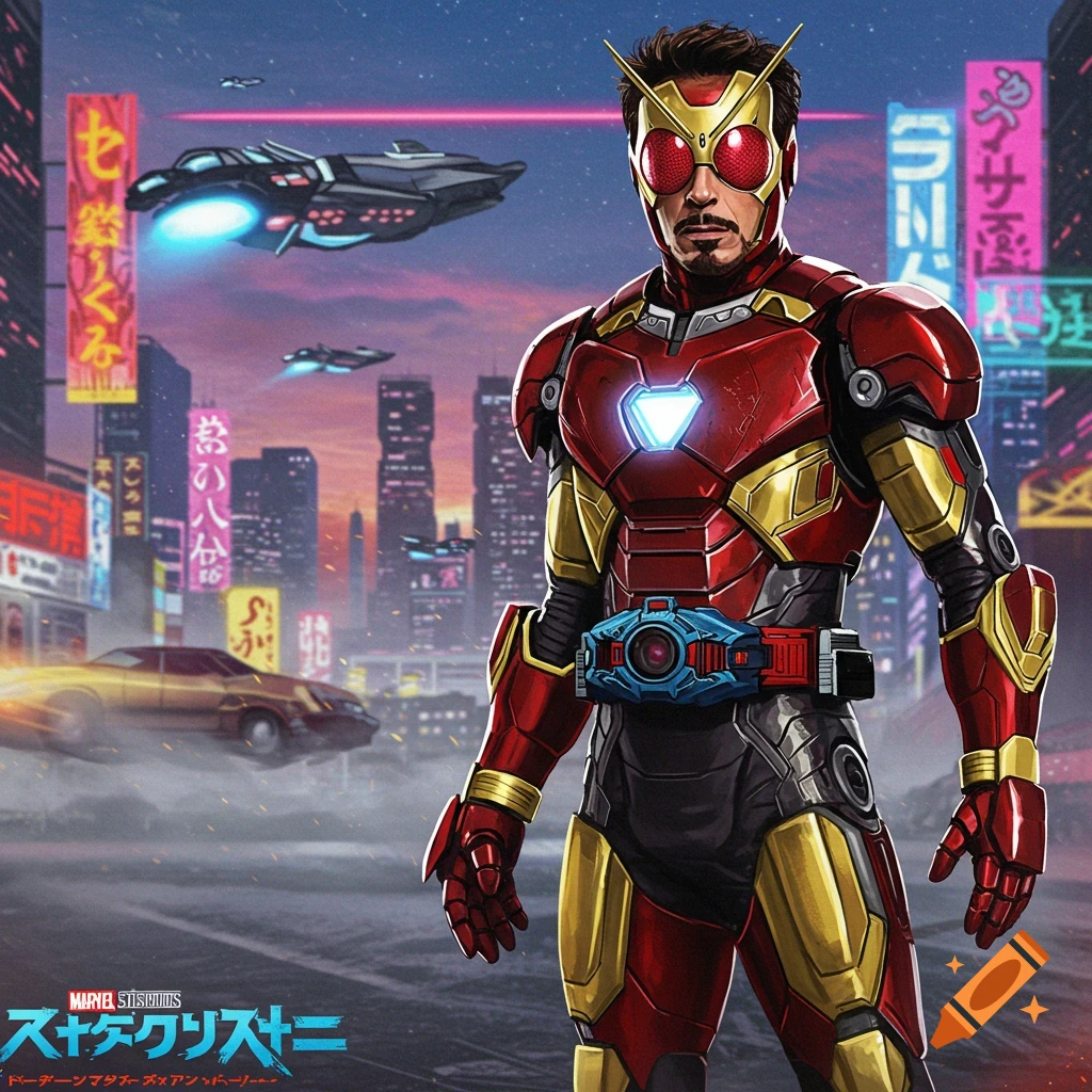 Iron Man in a Kamen Rider suit stands in a cyberpunk city.