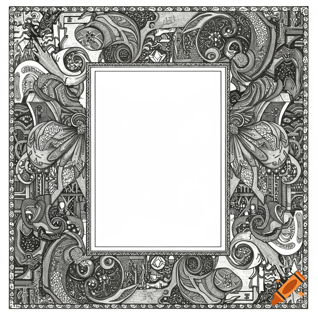 Intricate black and white decorative border or frame drawing.