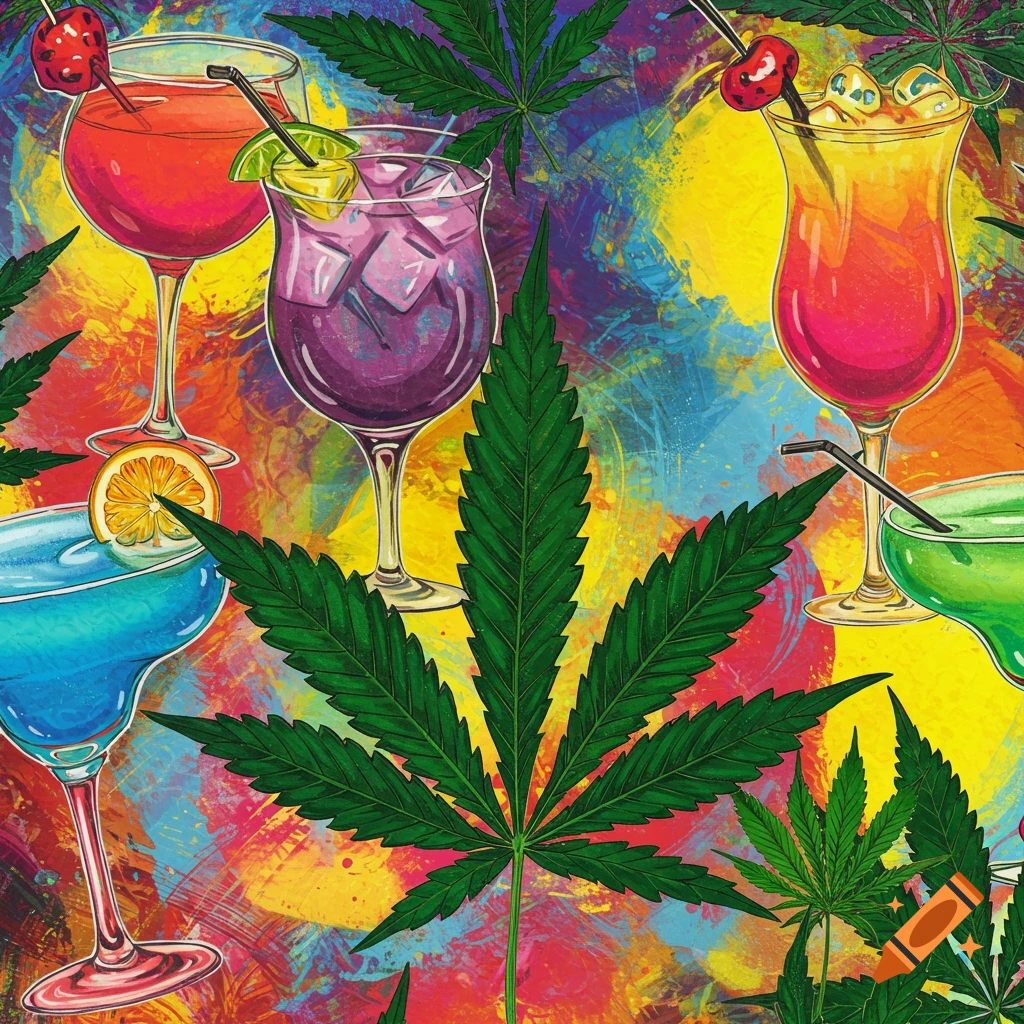Colorful pattern of cocktails and cannabis leaves on an abstract background