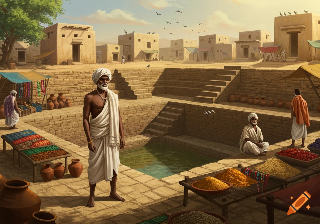 Ancient Indus Valley market scene with people, stalls, bath, and buildings under a sunny sky.