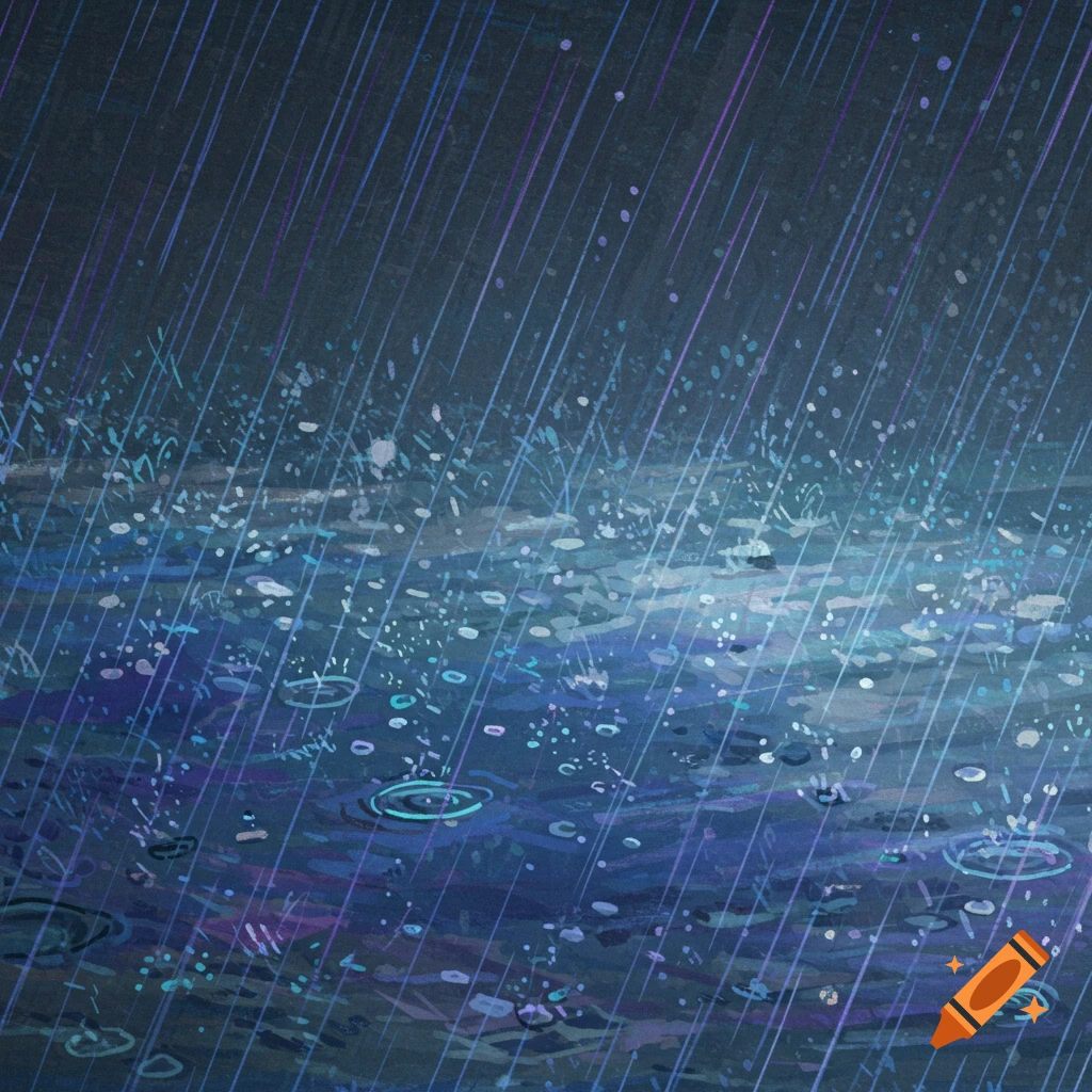 Rain falling on the surface of dark water, creating ripples and splashes.