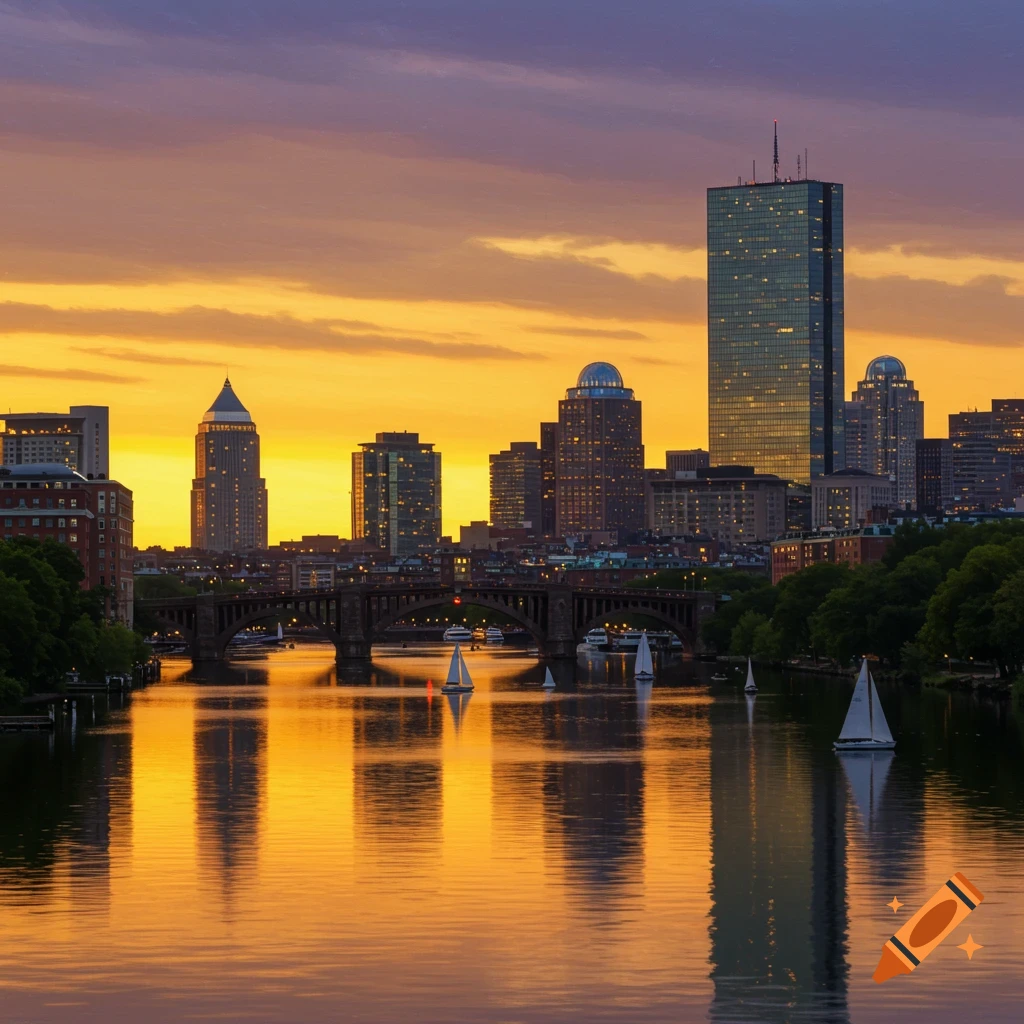 Boston skyline at sunset reflected in a river with sailboats.