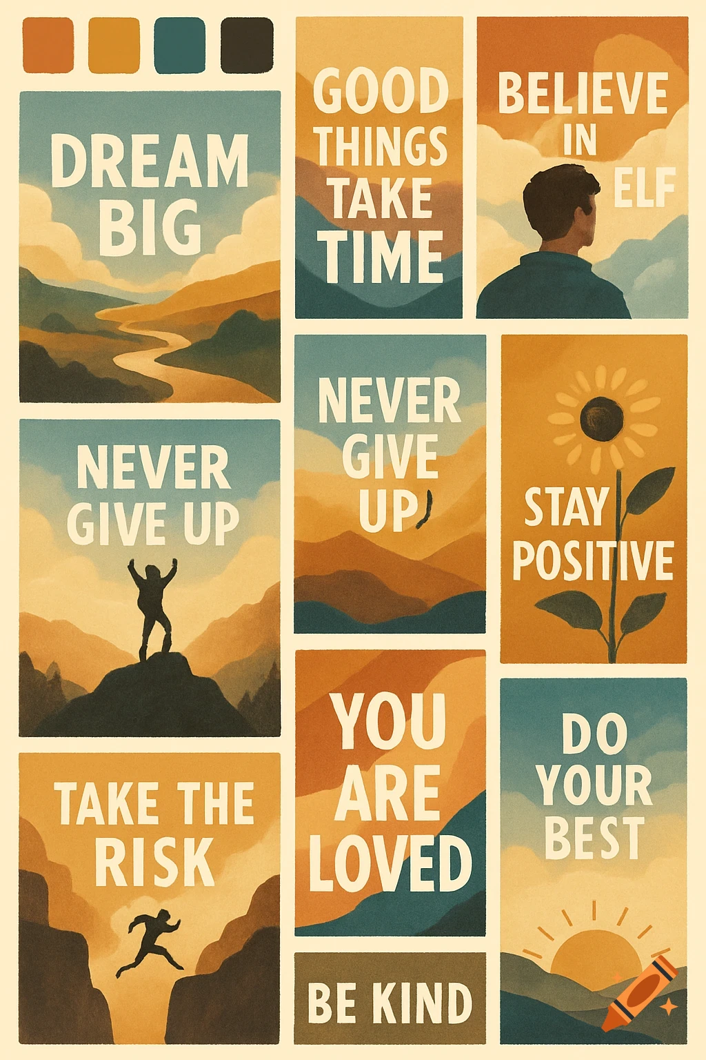 A grid of motivational posters in a retro style with landscape illustrations and text.
