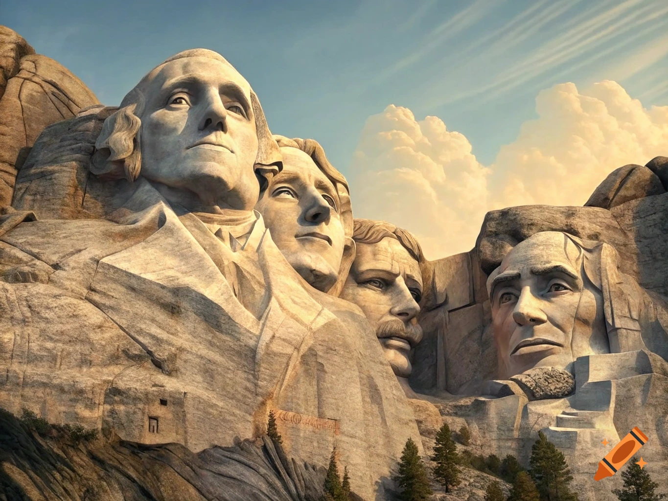 Mount Rushmore carving of Presidents Washington, Jefferson, Roosevelt, and Lincoln under dramatic sky.
