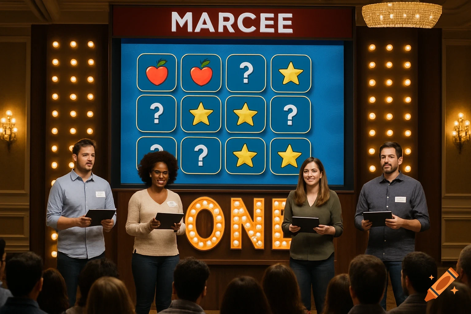 Four people stand on a game show set with a screen displaying a matching game and large illuminated letters spelling "ONE". A crowd watches.