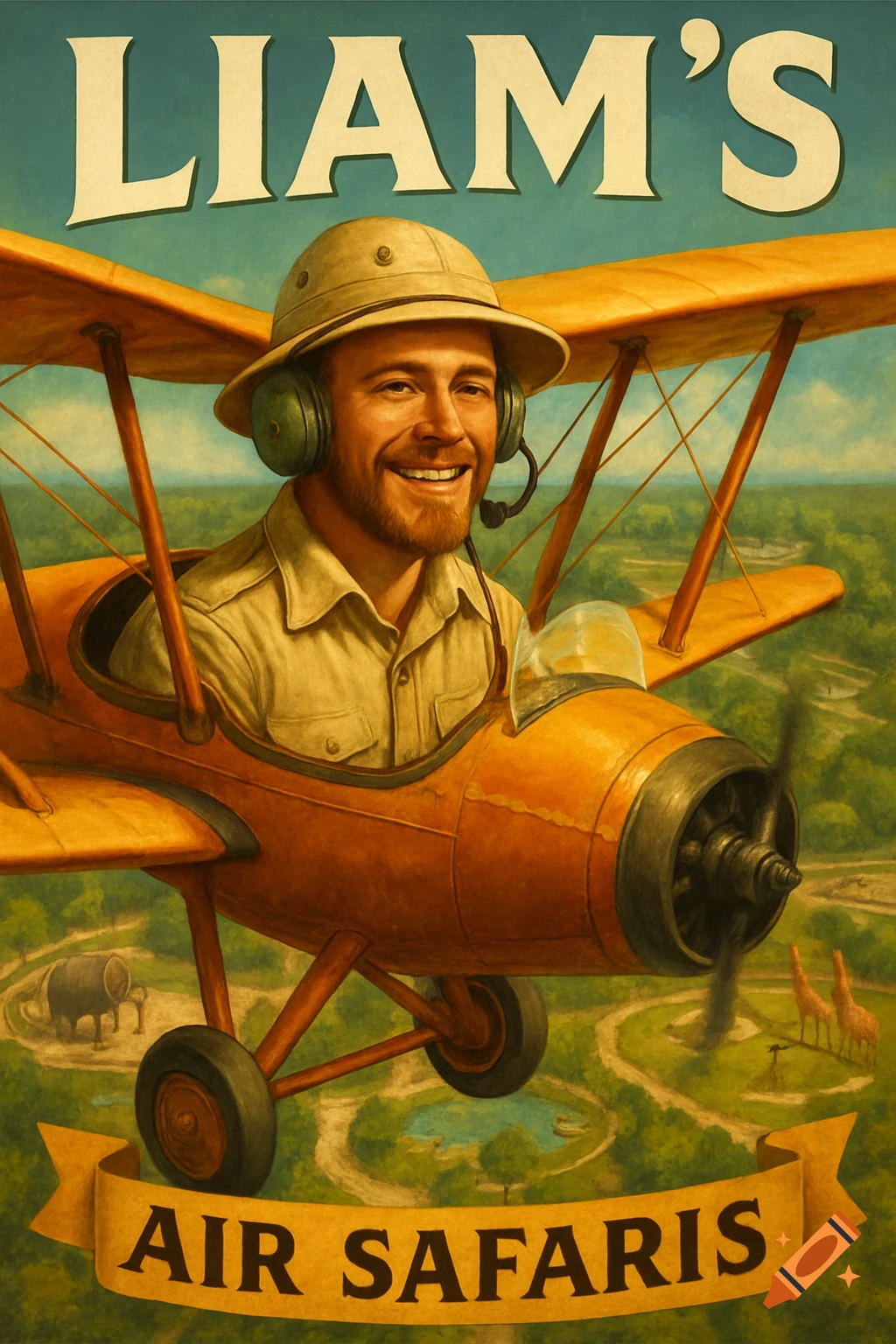 Vintage illustration of a man flying a biplane over a safari landscape with animals. Text LIAM'S AIR SAFARIS.