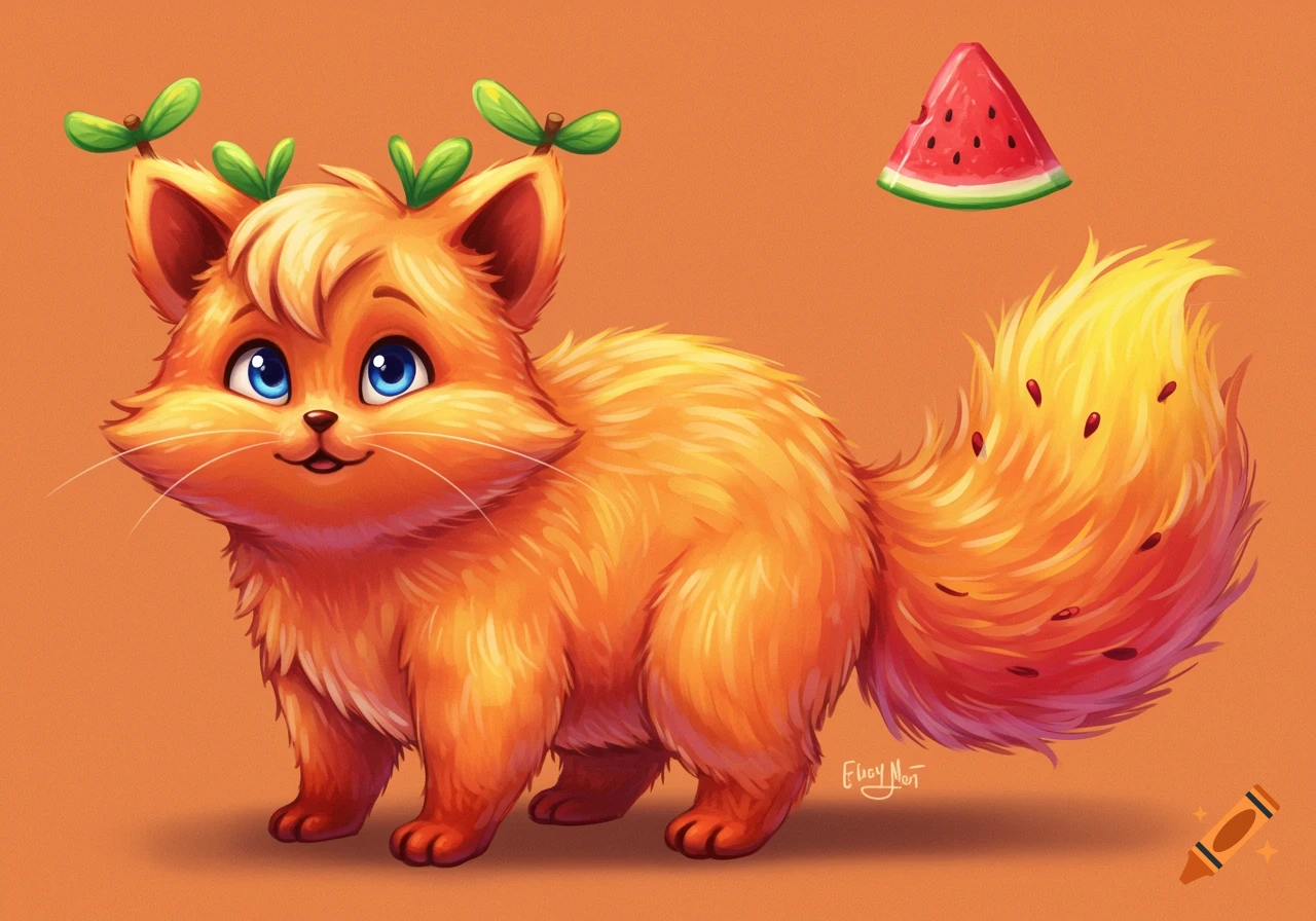 Cute fluffy orange creature with leaves on its head, a watermelon tail, next to a watermelon slice in an illustration.