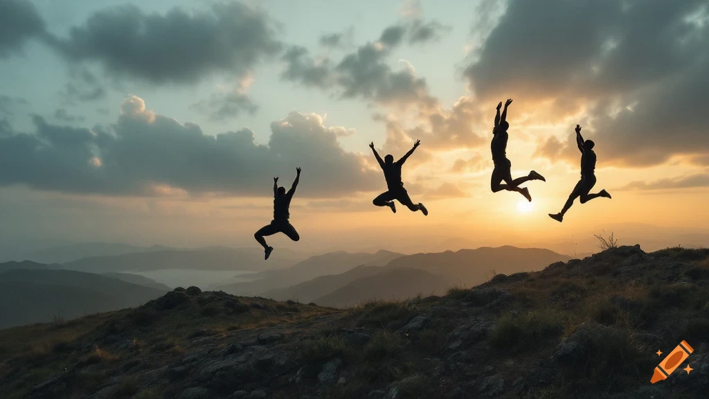 Silhouetted figures jump in the air against a sunset over mountains