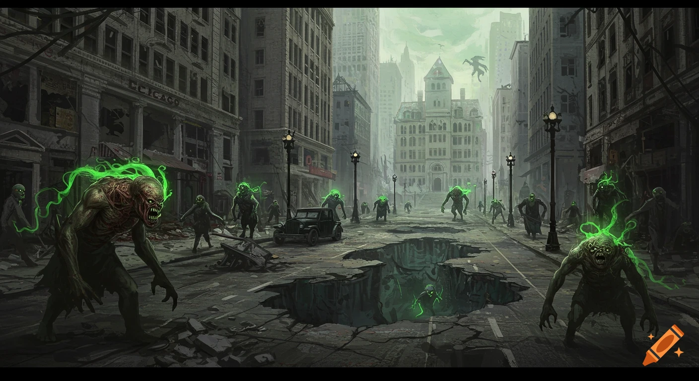 Monsters with glowing green energy in a ruined city street with sinkholes.