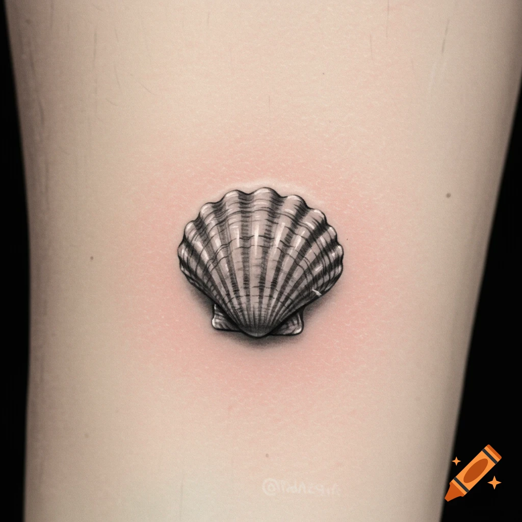 Realistic black and white seashell tattoo on skin.