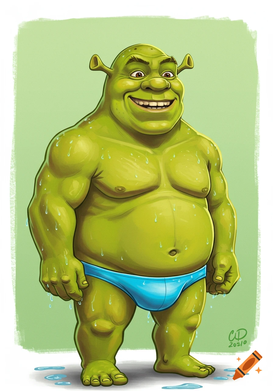 Cartoon illustration of a muscular, sweaty Shrek wearing a blue speedo.