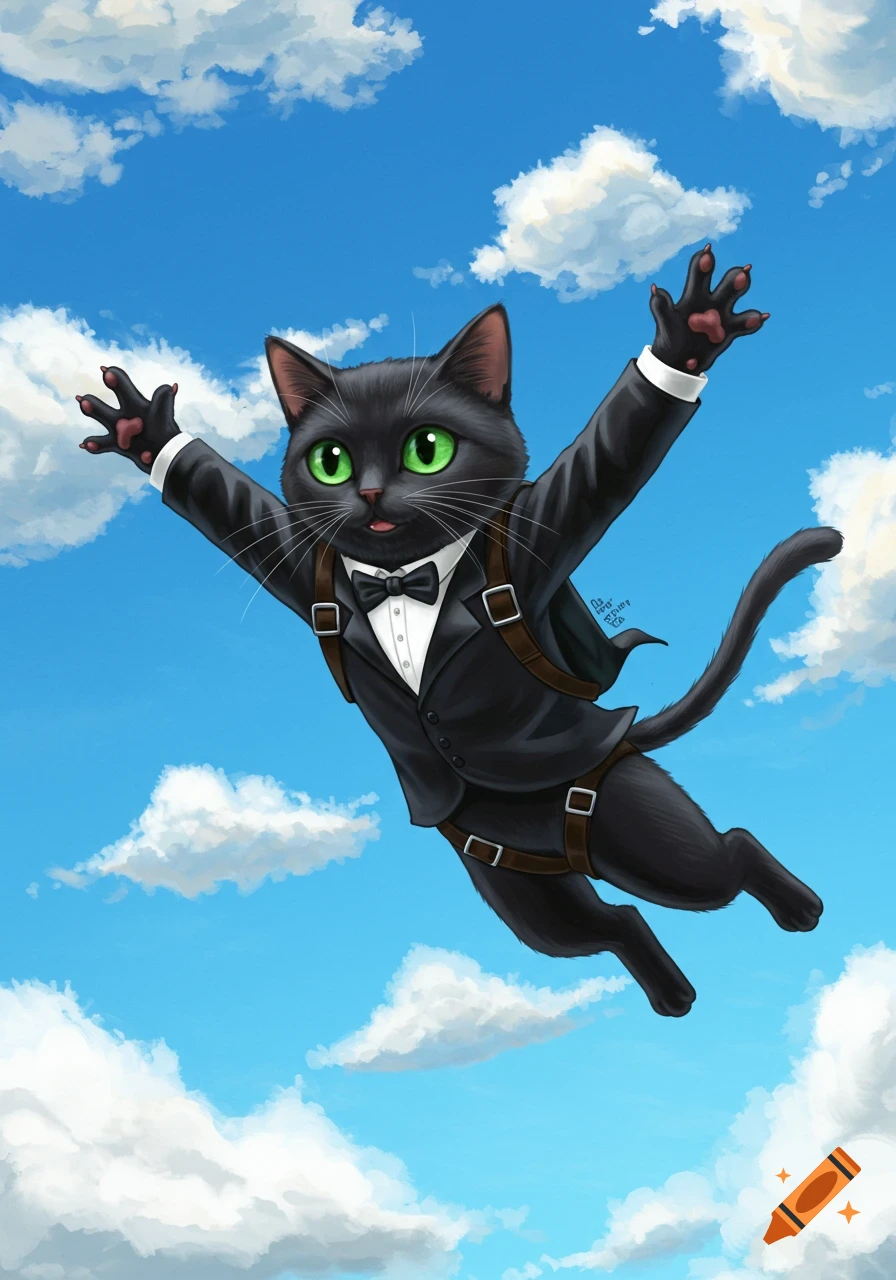 Cartoon black cat in a tuxedo skydiving through a blue sky with clouds.