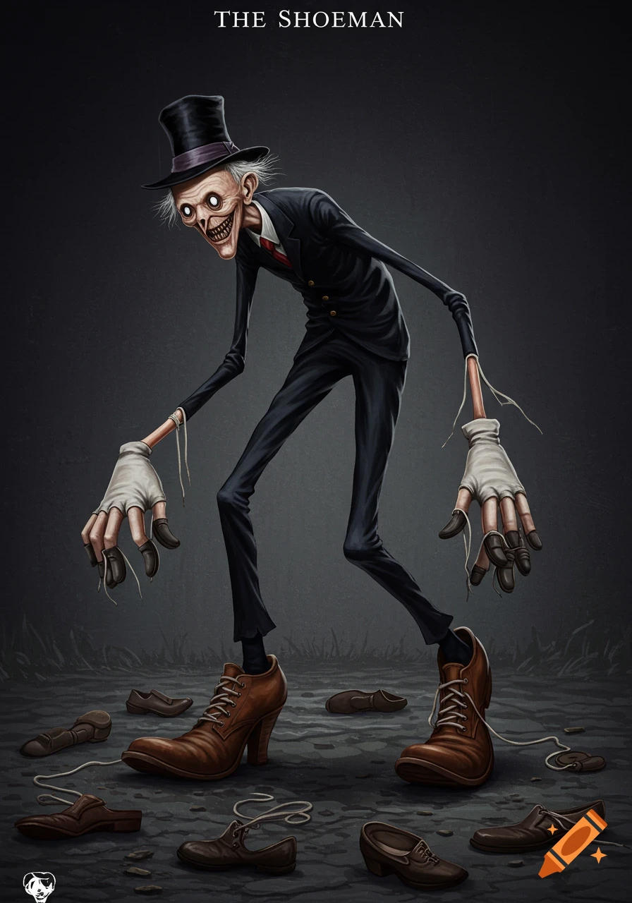 Stylized illustration of a tall, gaunt creature in a suit and top hat, with shoe-like hands and large shoes for feet, surrounded by scattered shoes.