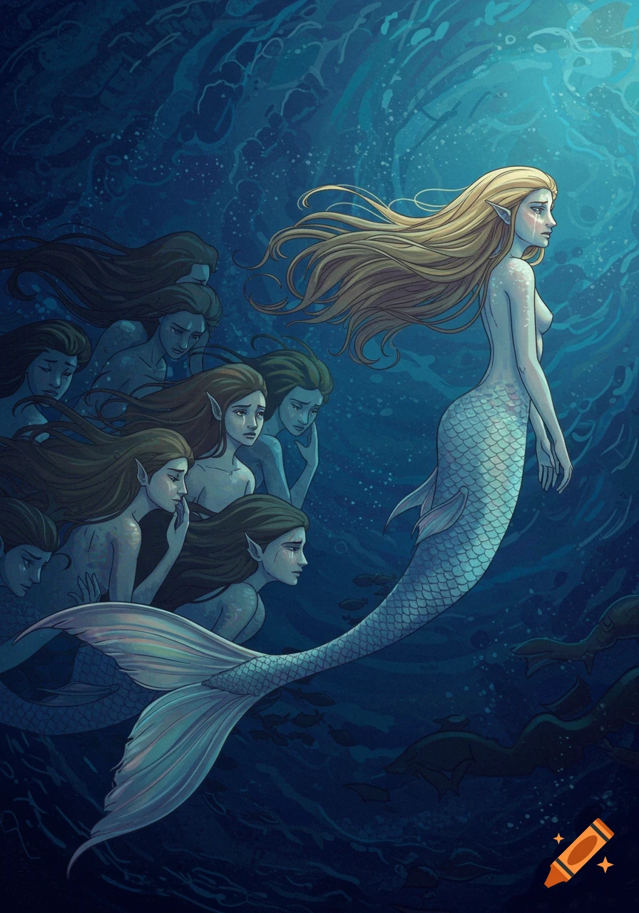 Illustration of a sad blonde mermaid swimming away from a group of mermaids underwater