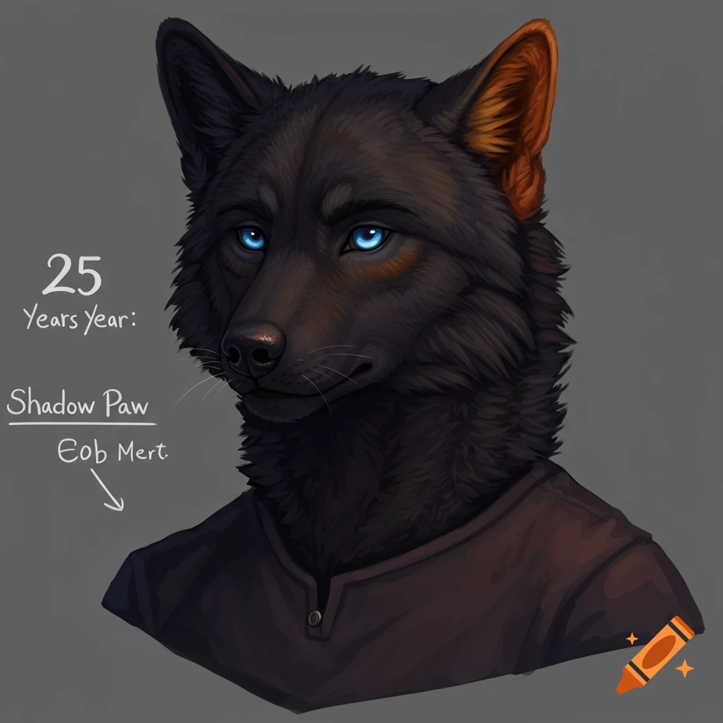 Portrait of a black anthropomorphic wolf character with bright blue eyes and orange ears, wearing a brown shirt, against a grey background.
