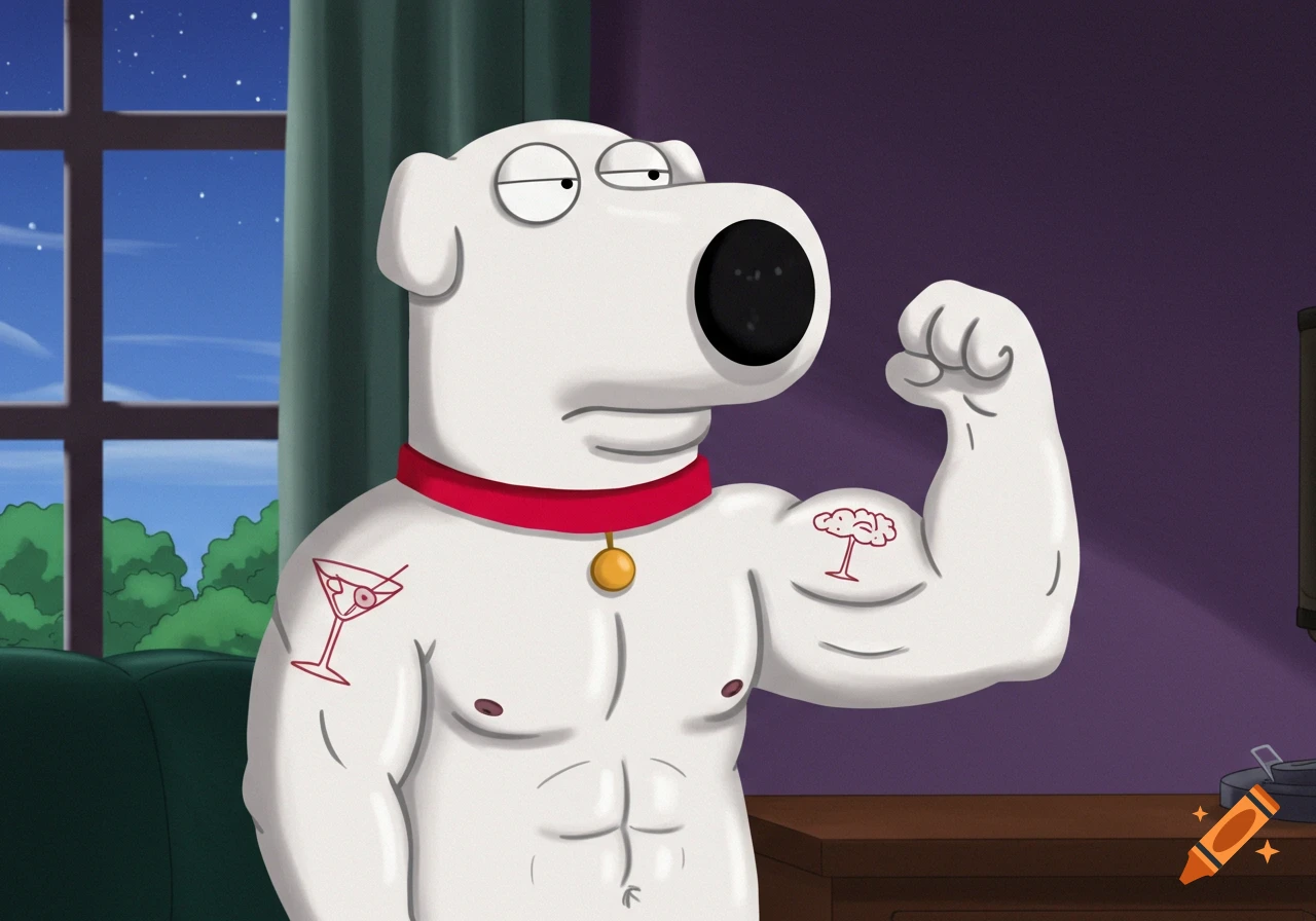Cartoon dog Brian from Family Guy flexing a bicep with tattoos.