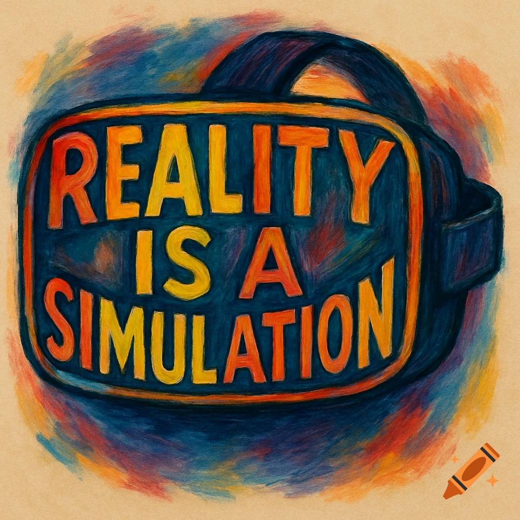 Colored pencil illustration of a VR headset with the text 'REALITY IS A SIMULATION'