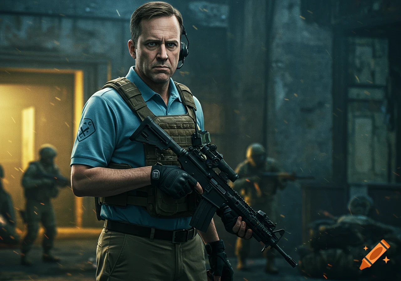 Man in tactical vest and headset holds rifle in a gritty scene.