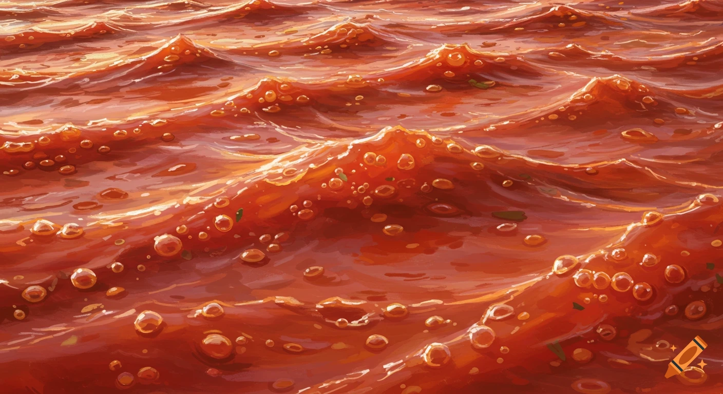 Close-up view of abstract red wavy liquid with many bubbles, resembling sauce or lava.
