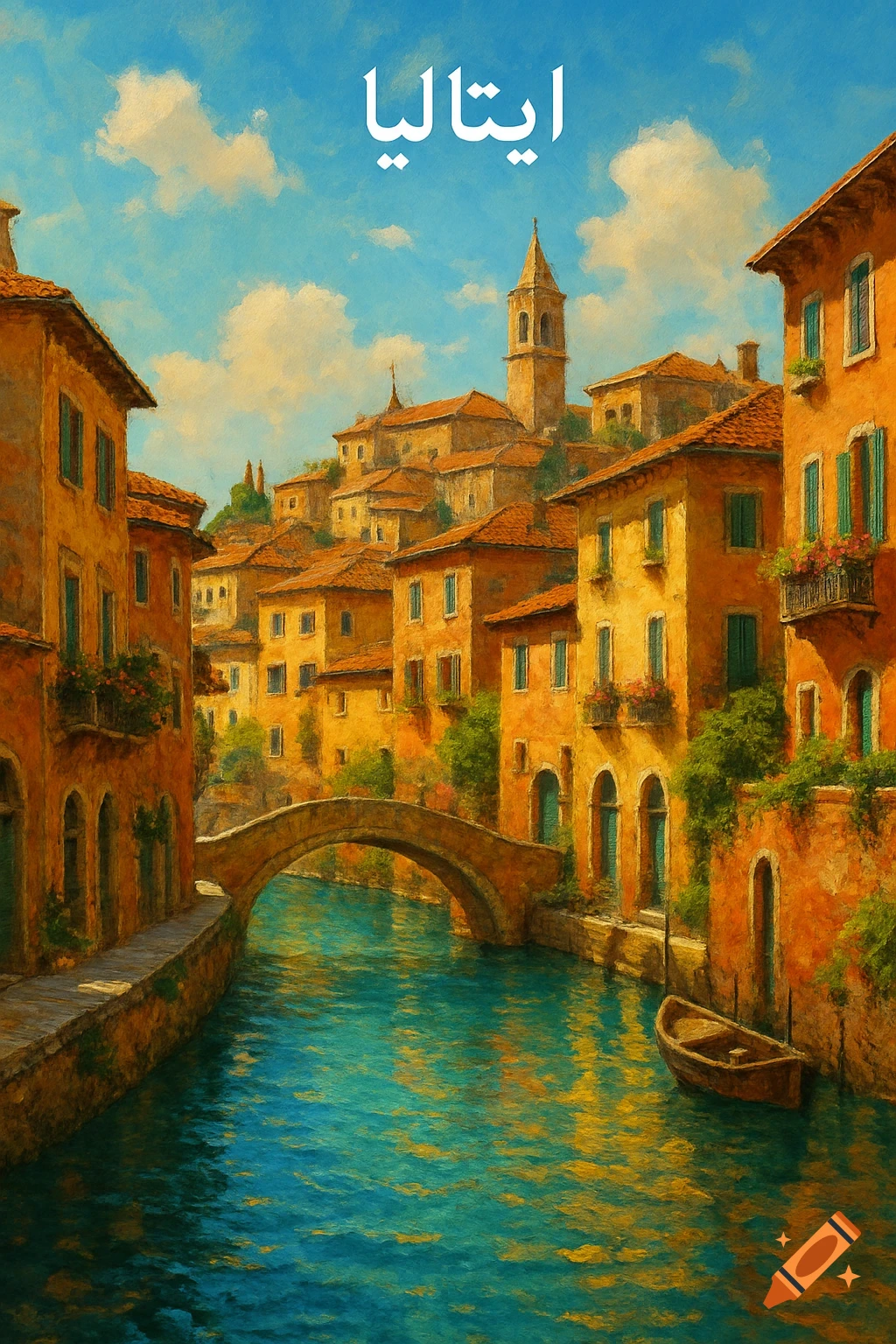 Painted scene of a town along a canal with colorful buildings, a bridge, and a boat.