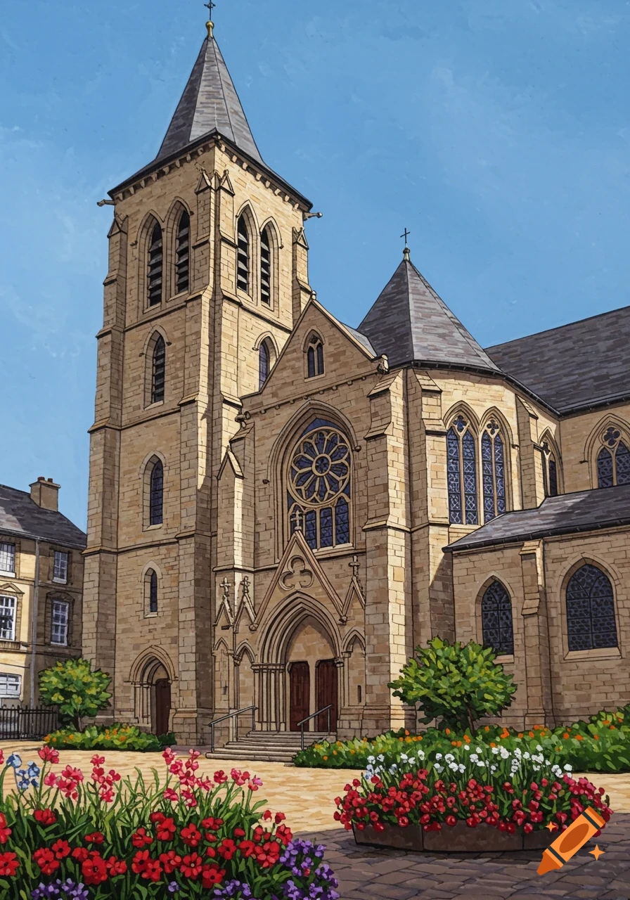 An illustration of a tall stone church with a spired tower, a circular stained glass window, and a courtyard filled with bright flowers.