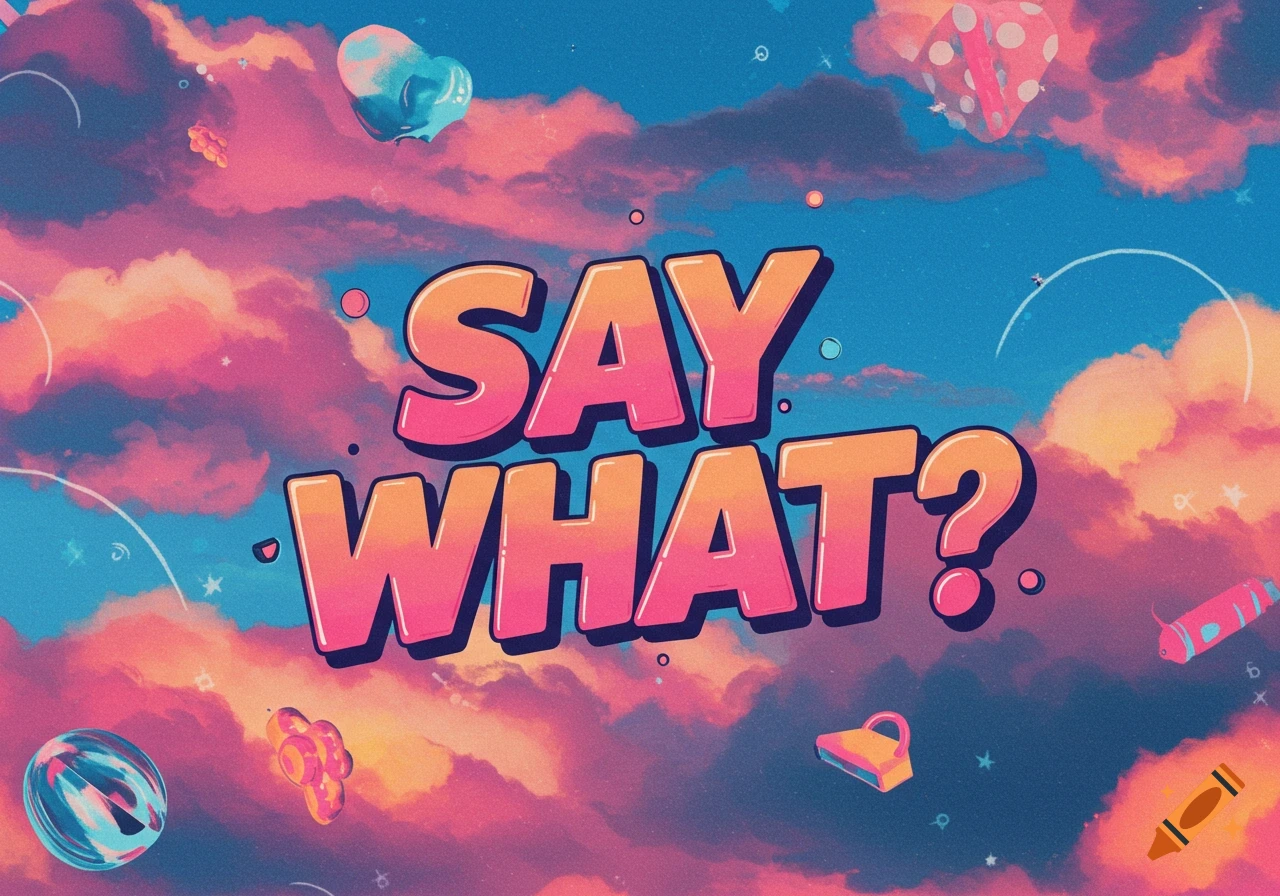 Bright bubbly text 'SAY WHAT?' against a sky with pink and orange clouds and abstract shapes.