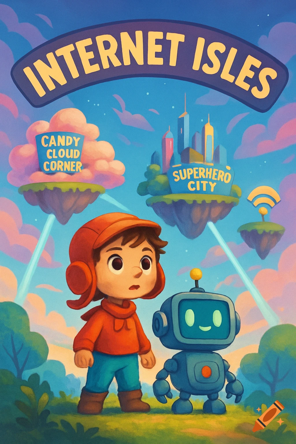 Cartoon child and robot in a whimsical floating island landscape with text 'Internet Isles'.