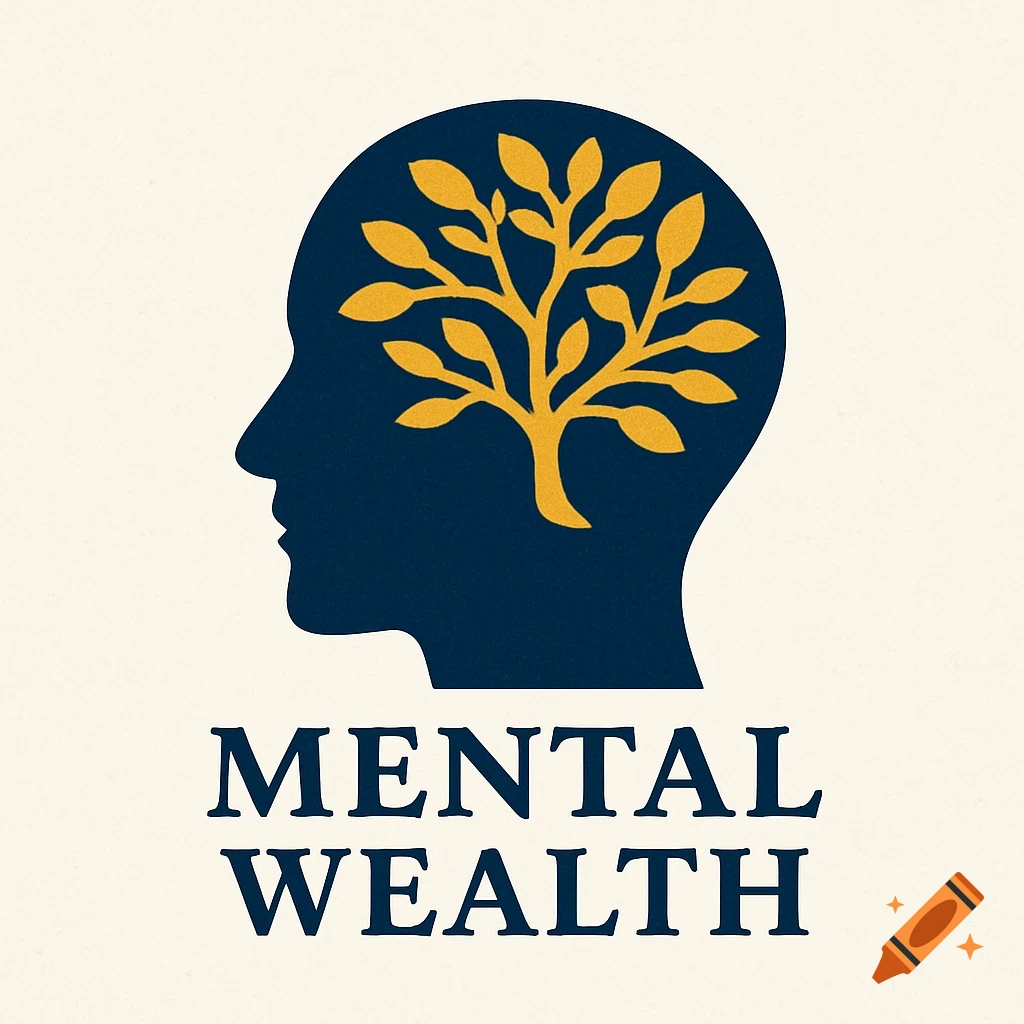 Logo with a dark blue head silhouette containing a golden tree, above the text 'MENTAL WEALTH'.