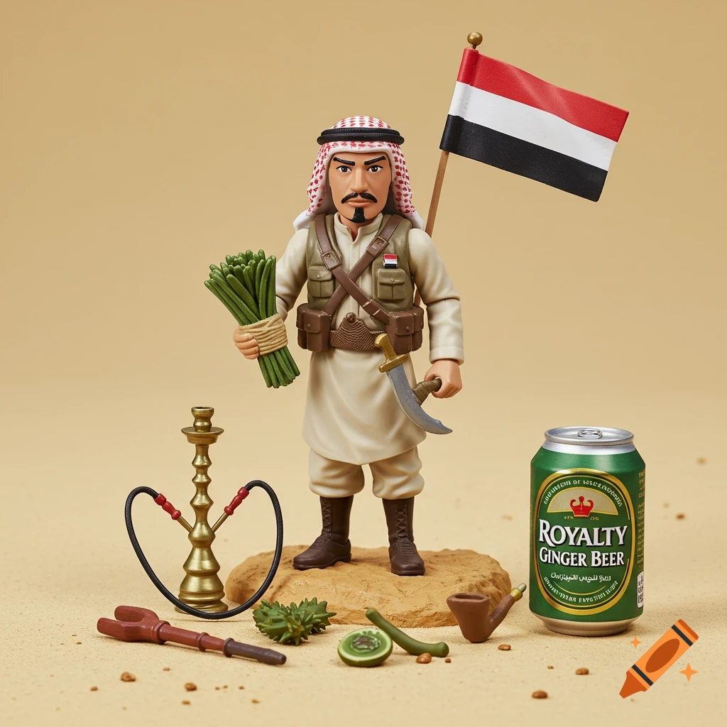 Action figure of a man in traditional dress with a flag, hookah, knife, and ginger beer can.