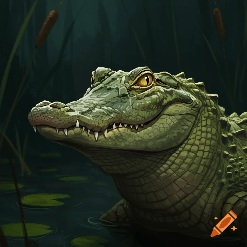 Close-up illustration of a green alligator with yellow eyes, looking suspicious in a swamp.