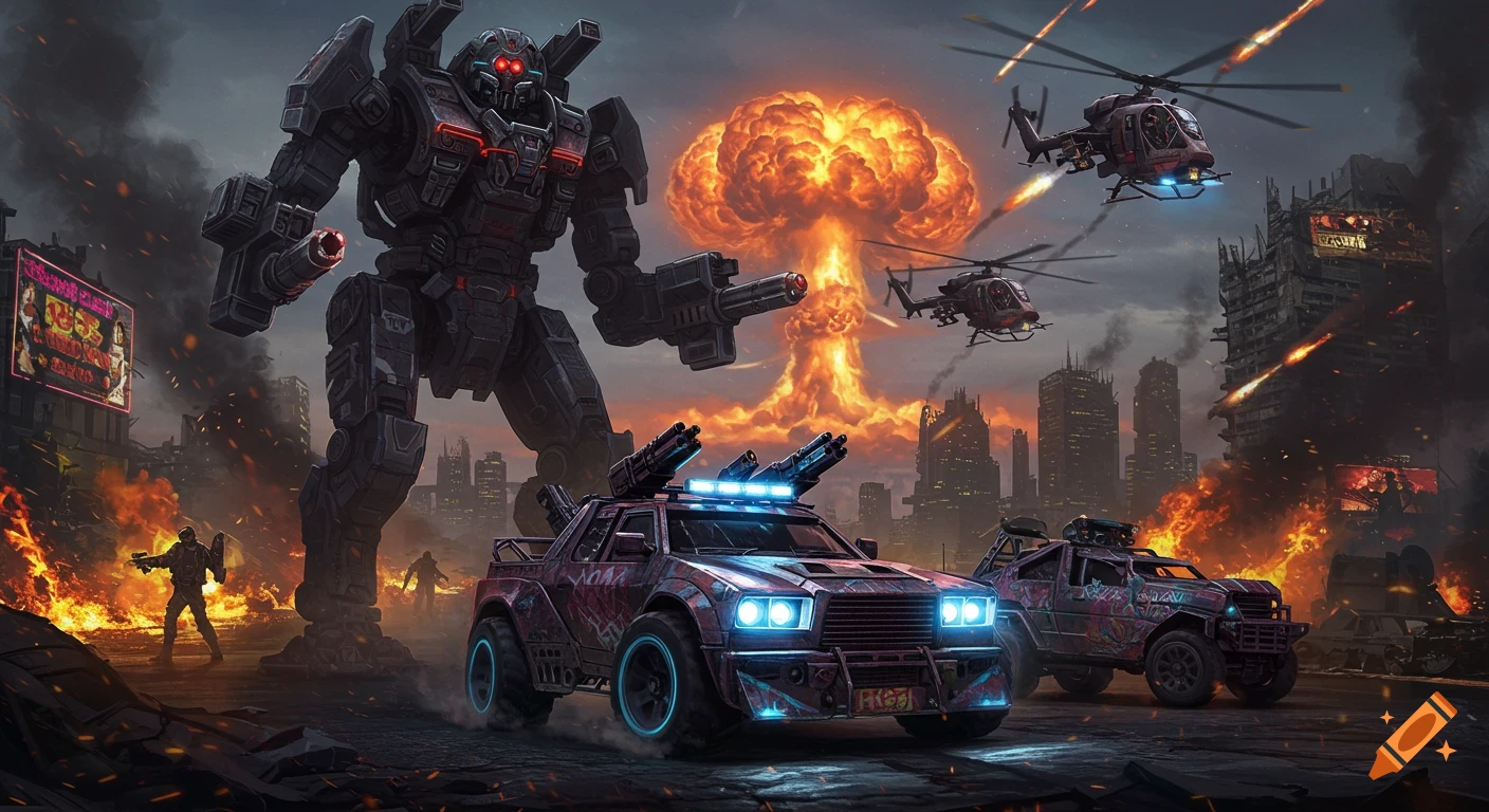 A giant mecha robot stands over weaponized vehicles in a burning, post-apocalyptic cityscape with a mushroom cloud explosion and helicopters flying overhead. Dark sci-fi style.