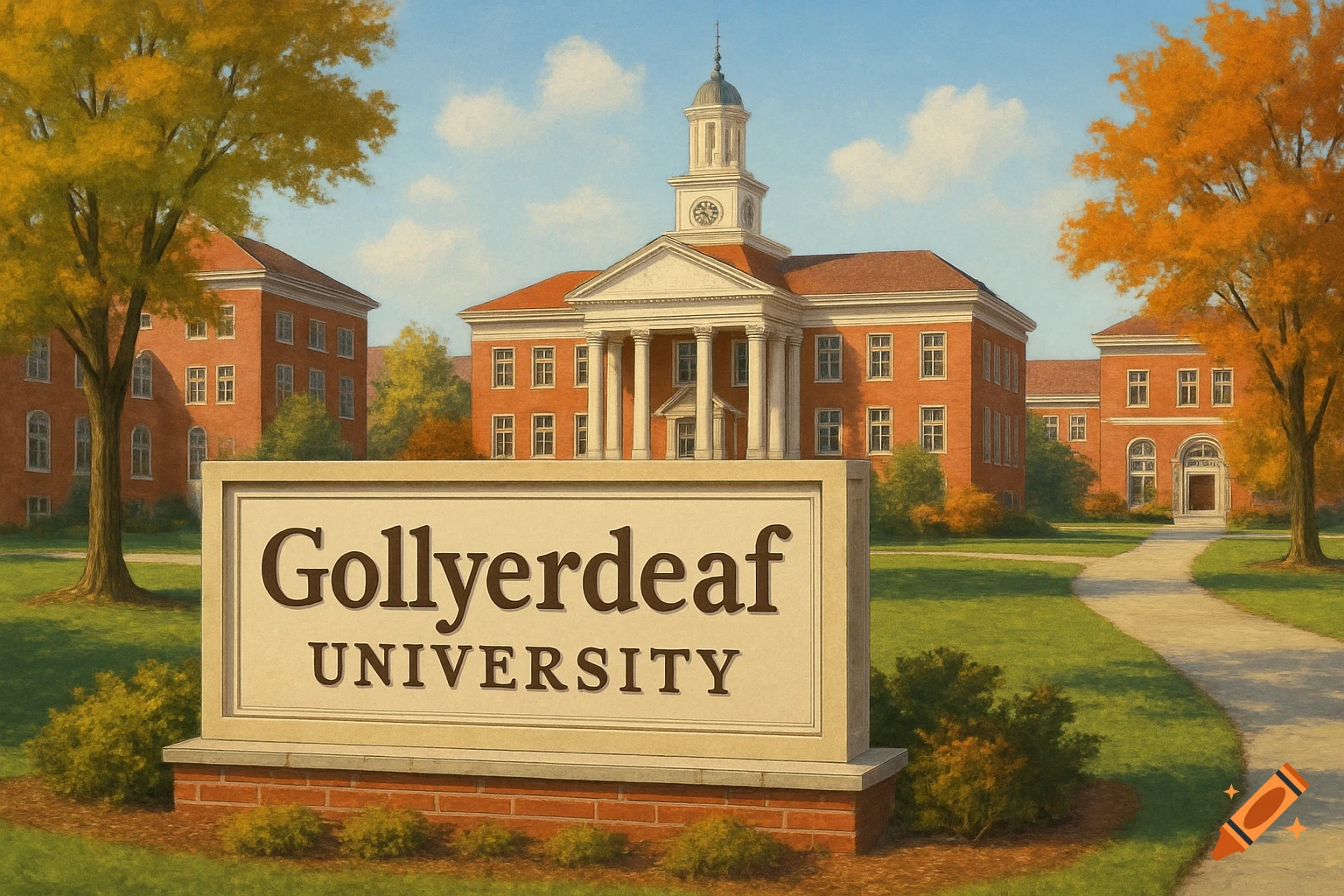 A sign for Gollyerdeaf University in front of campus buildings during autumn.