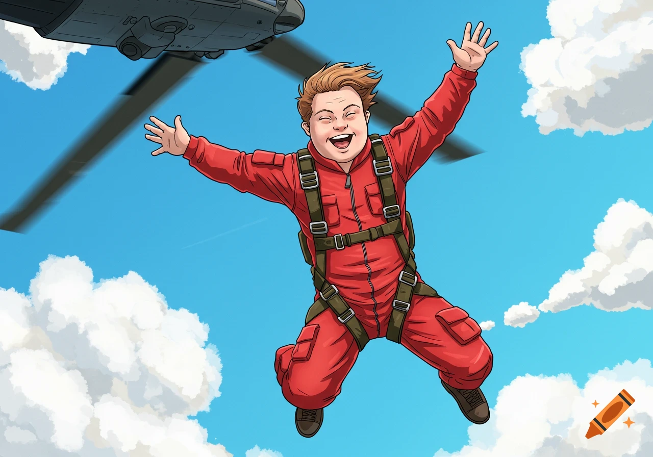Cartoon illustration of a person in a red jumpsuit jumping from a helicopter with arms raised.