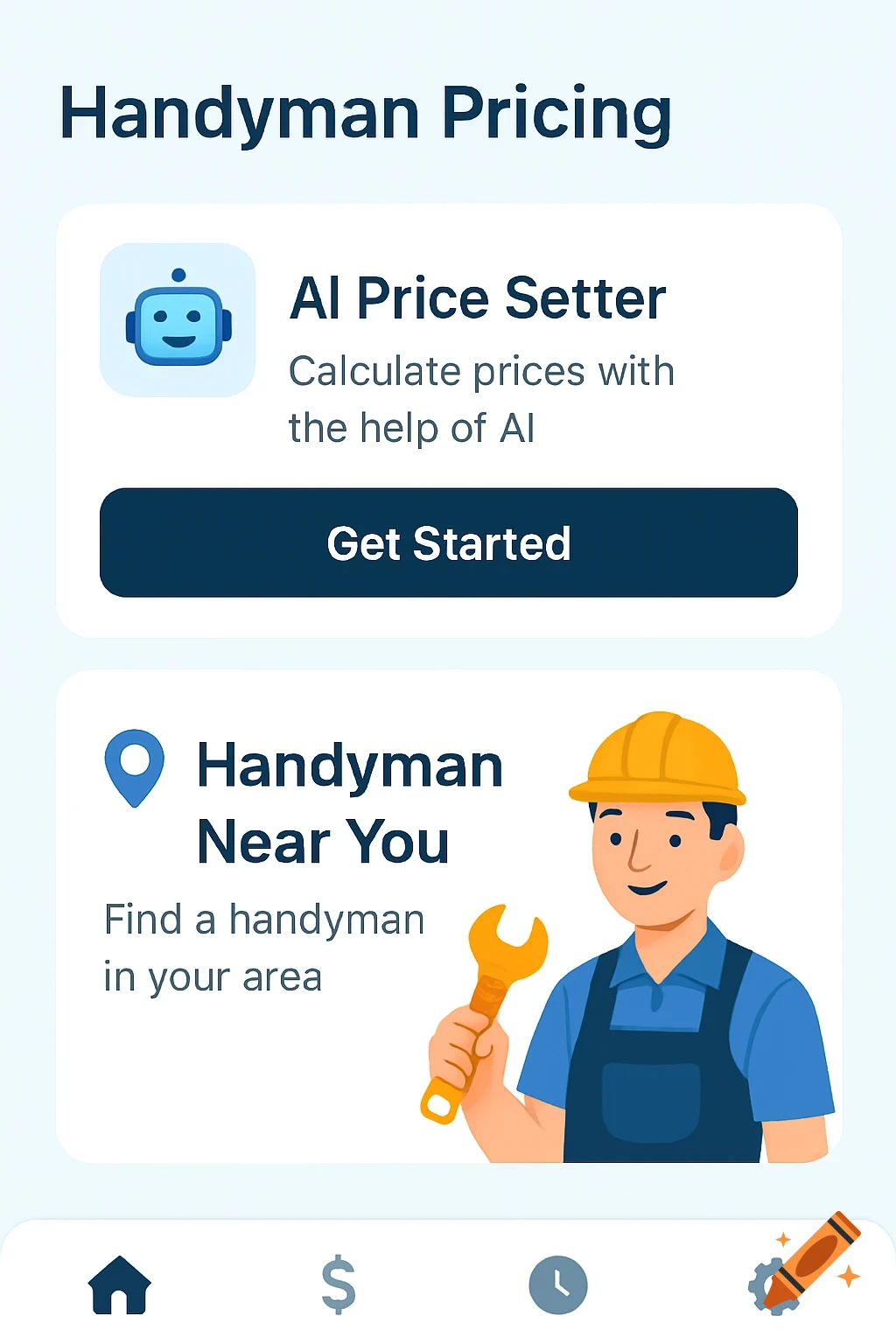 Illustration of a mobile app screen design for handyman pricing, featuring sections for AI price setting and finding a handyman nearby.