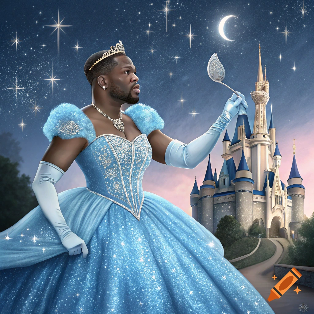 50 Cent dressed as Cinderella in a blue ballgown, holding a glass slipper in front of a castle at night.