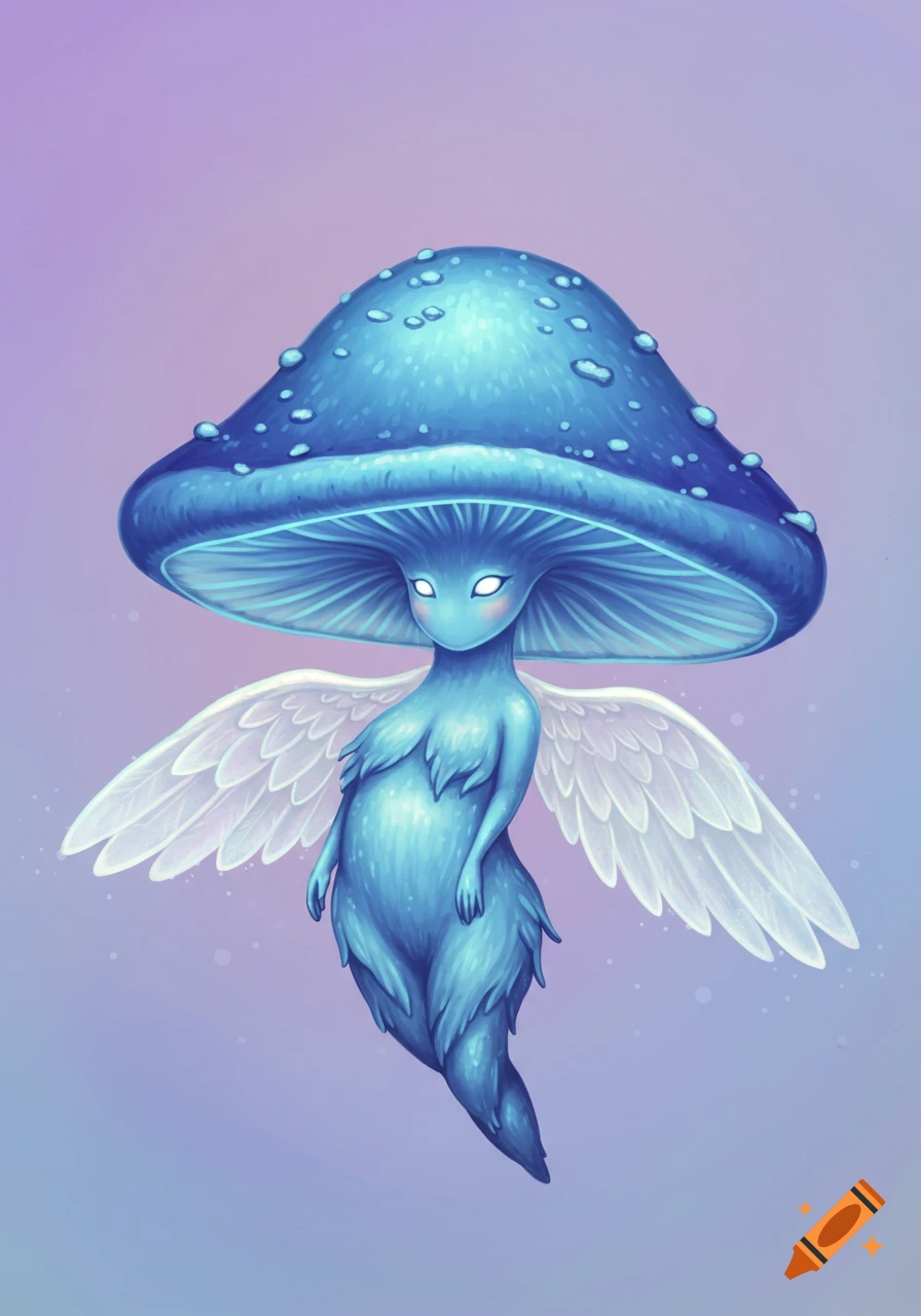 Stylized blue mushroom creature with white wings floating on a gradient background.