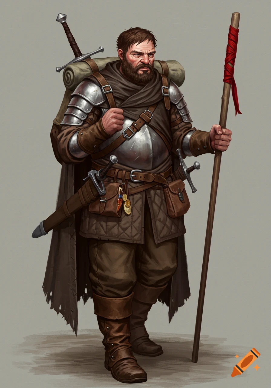 A gruff male fantasy traveler wearing armor and a cloak, carrying a backpack, sword, and quarterstaff.