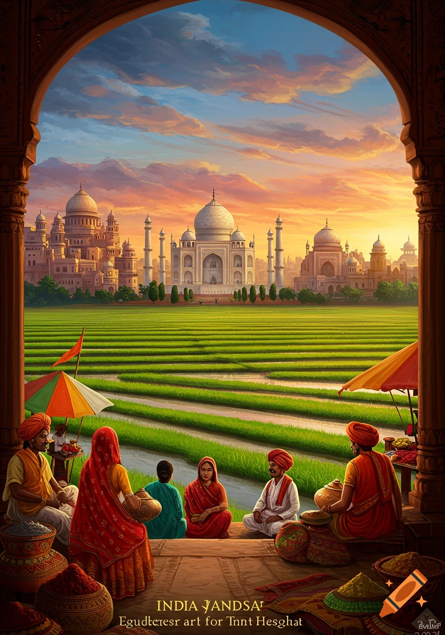 View of the Taj Mahal and landscape from under an archway, with people in traditional clothing in the foreground.