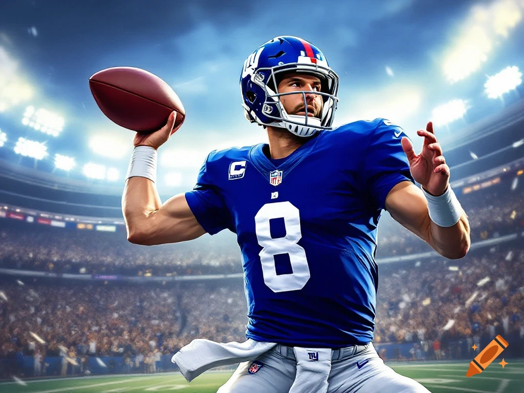 New York Giants quarterback throws a pass in a stadium.