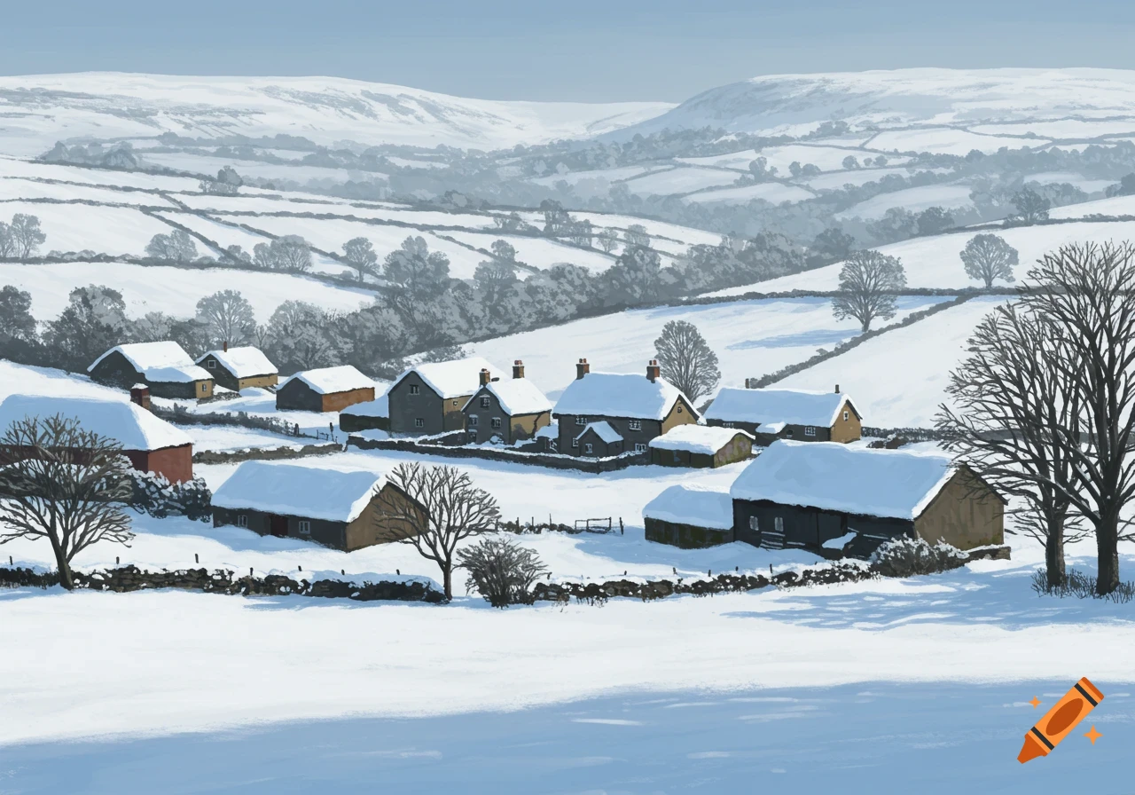 A small village sits in a snowy valley.