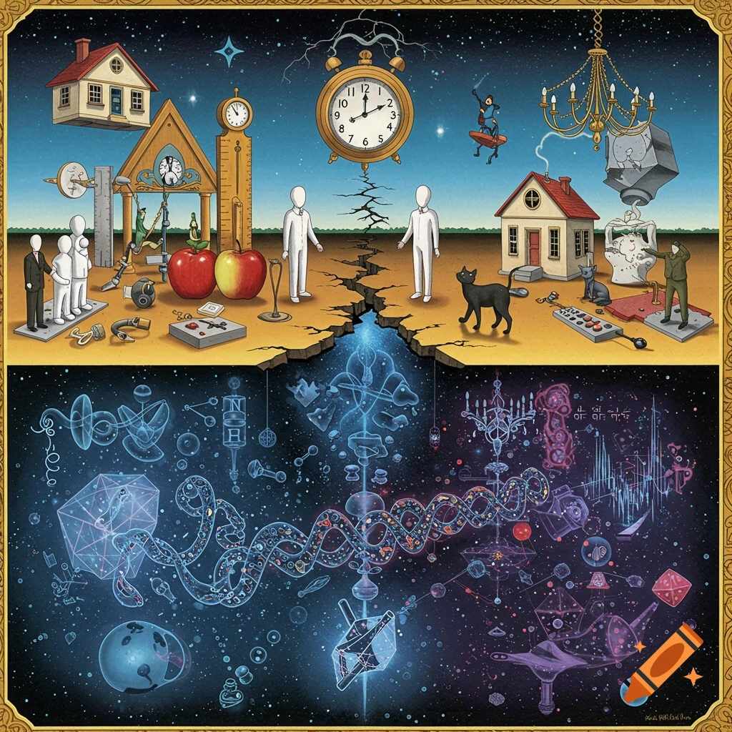 A surreal symbolic illustration showing a Newtonian world above a chaotic quantum world, with abstract figures, clocks, apples, and glowing scientific symbols.