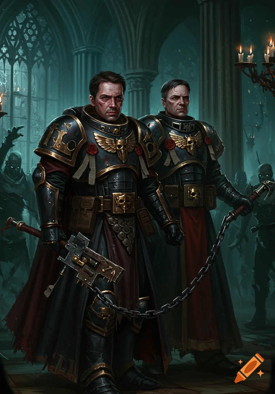 Two men in dark fantasy armor with skulls and eagles stand in a gothic church, shadowy figures behind them.