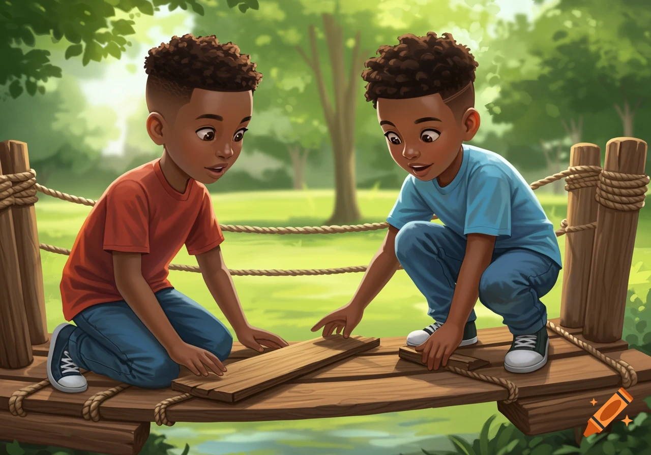 Two African American boys on a rope bridge working with wooden planks in a park.