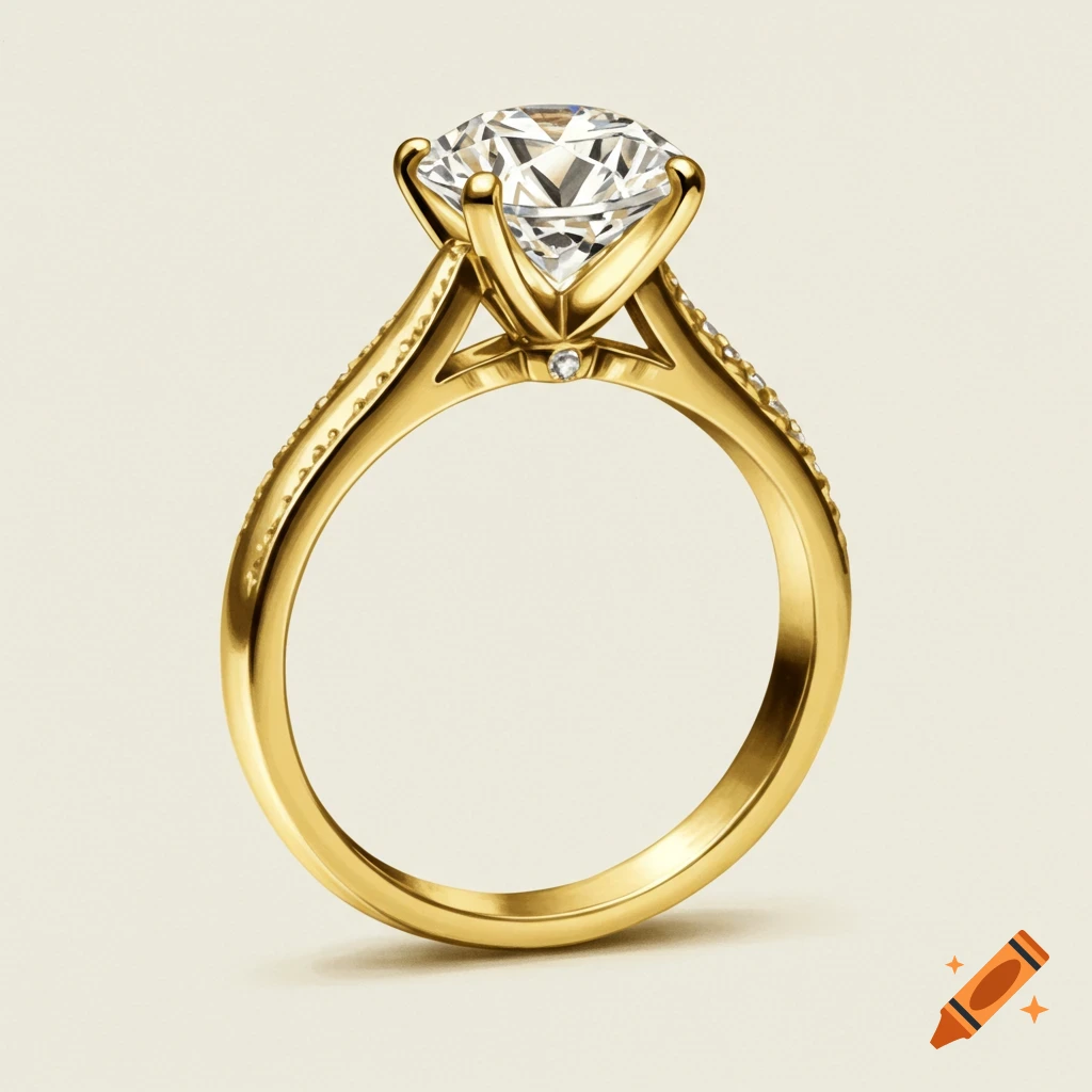 Yellow gold solitaire engagement ring with a large diamond.