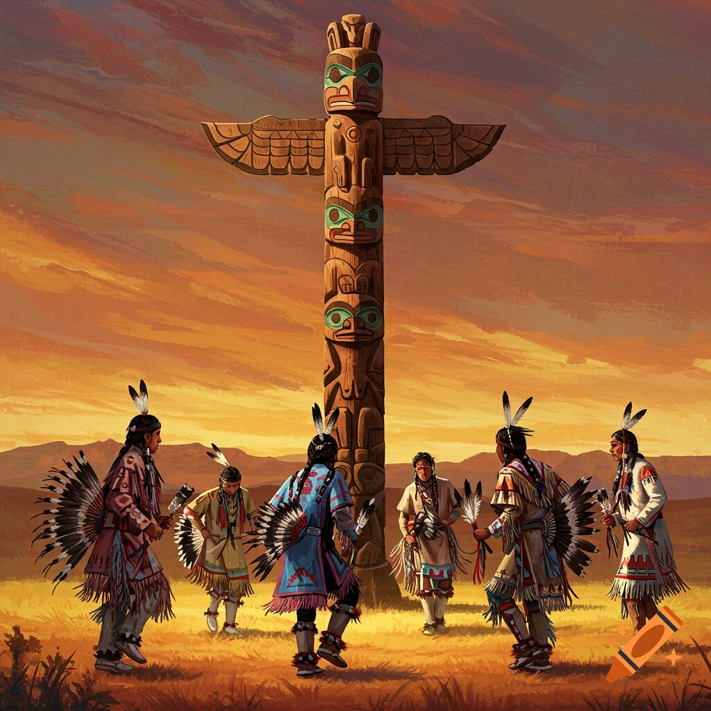 Native Americans in traditional clothing dance around a large carved totem pole at sunset.