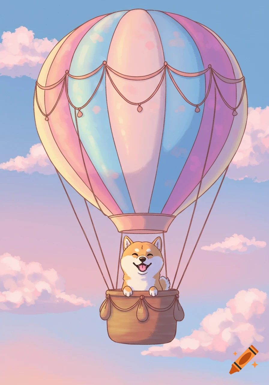 Shiba Inu in a pastel hot air balloon floating in a sky with pink clouds, illustration.