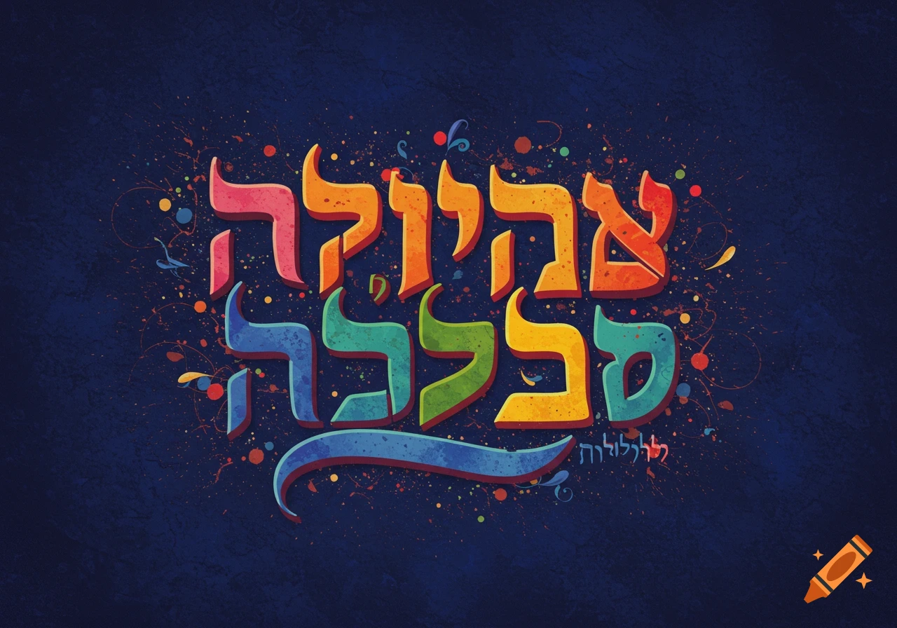 Colorful 3D Hebrew/Yiddish text lettering on a dark blue background with paint splatters.