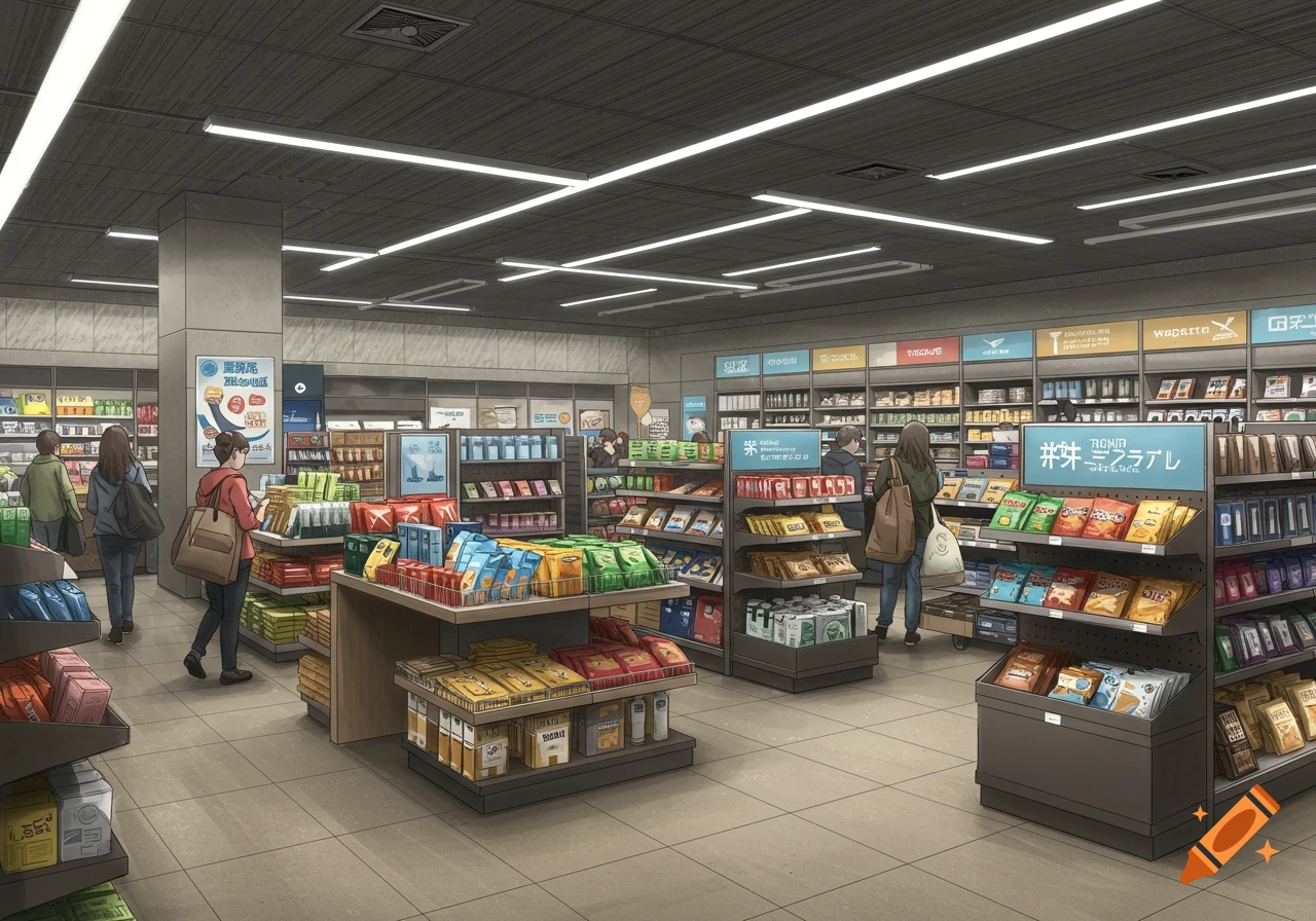 People shopping in a convenience store with stocked shelves.