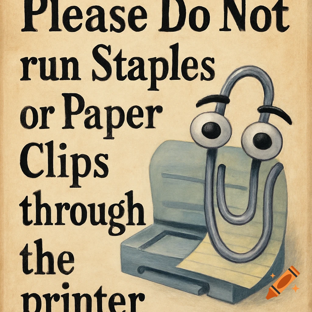 Cartoon sign featuring Clippy the paperclip warning not to run staples or paper clips through the printer.